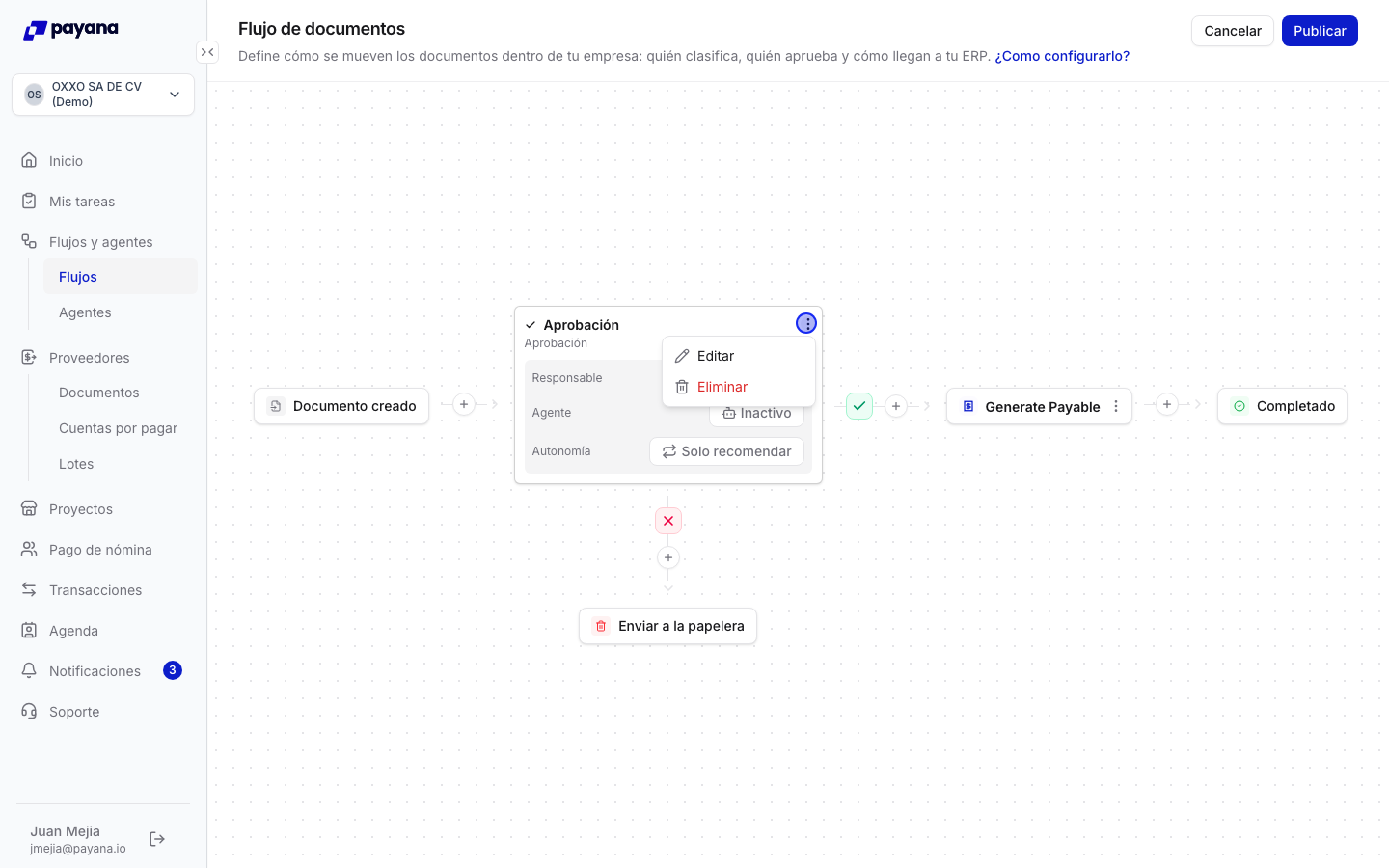Menú del nodo Aprobación con las opciones Editar y Eliminar