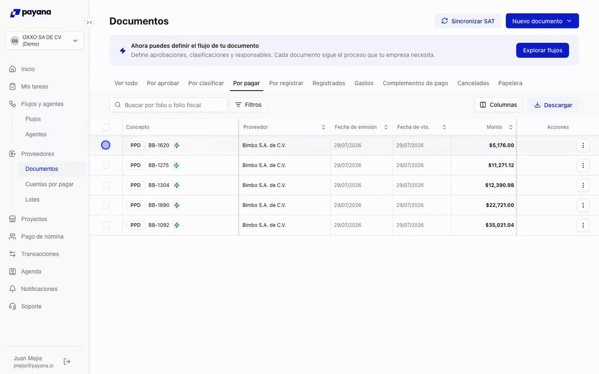 Recorrido de seleccionar un documento y pagarlo desde Más acciones