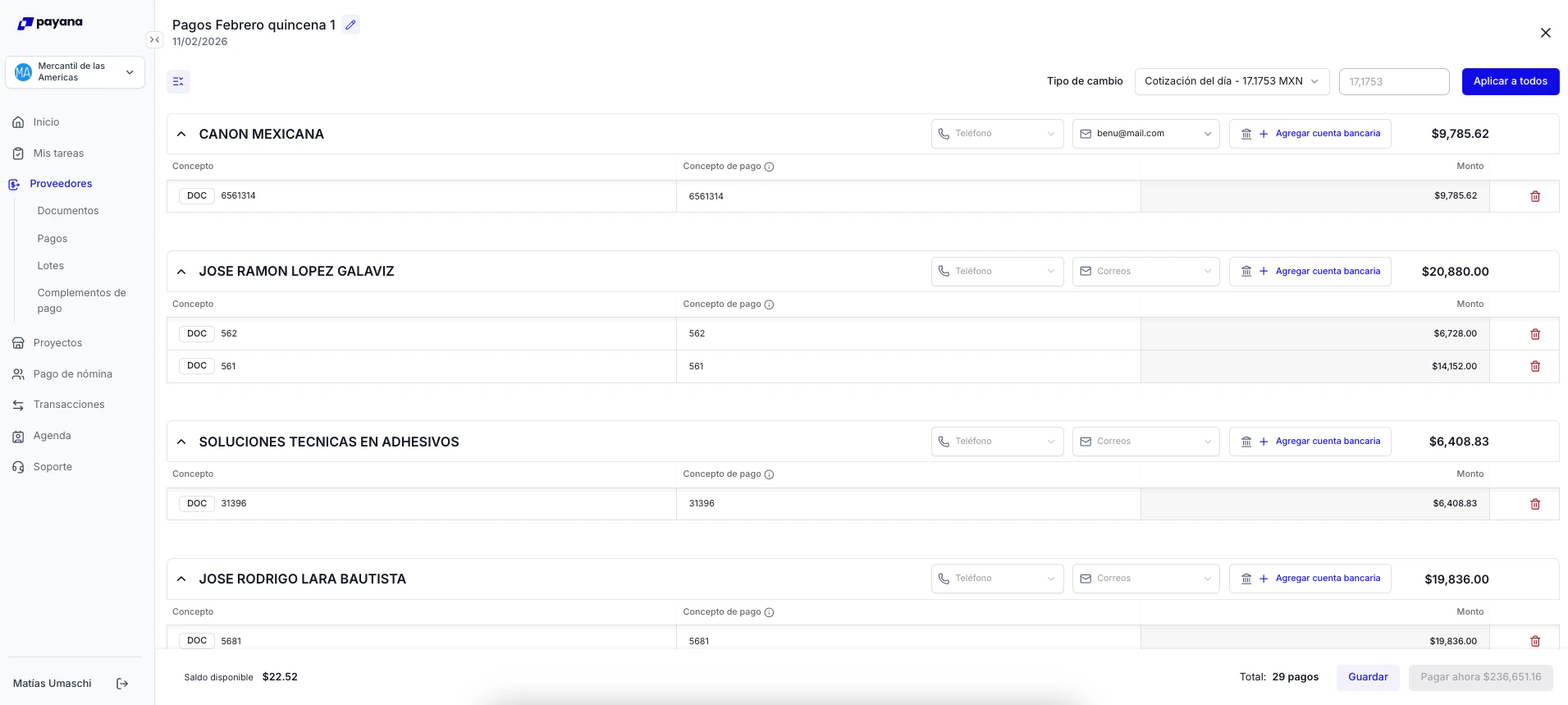 Configuración del lote: cuenta bancaria, tipo de cambio y notificaciones