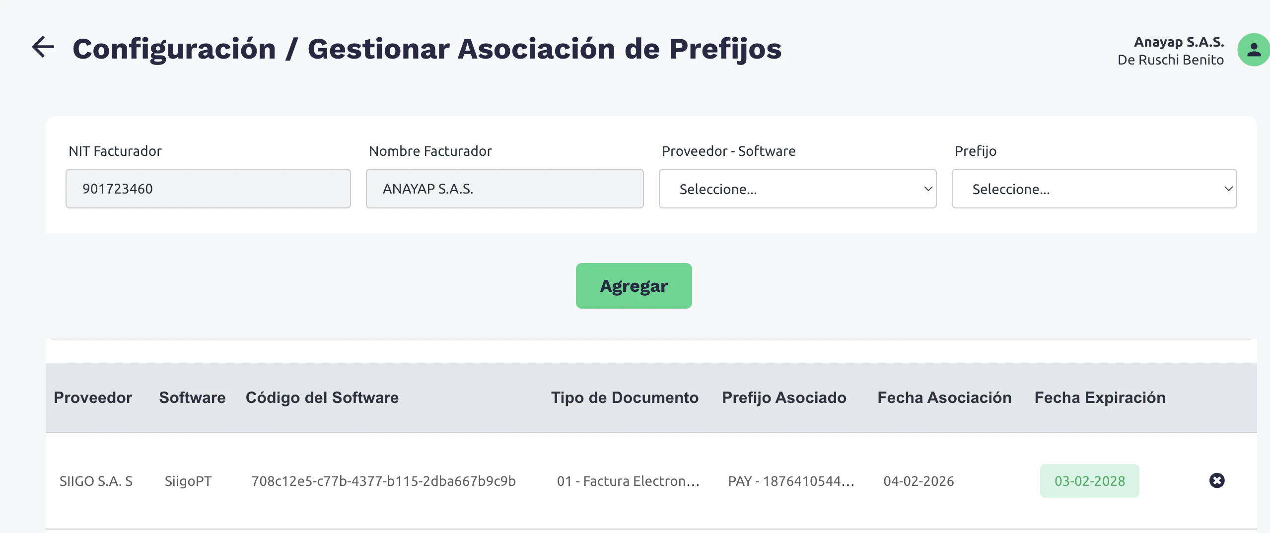Pantalla de gestión de asociación de prefijos