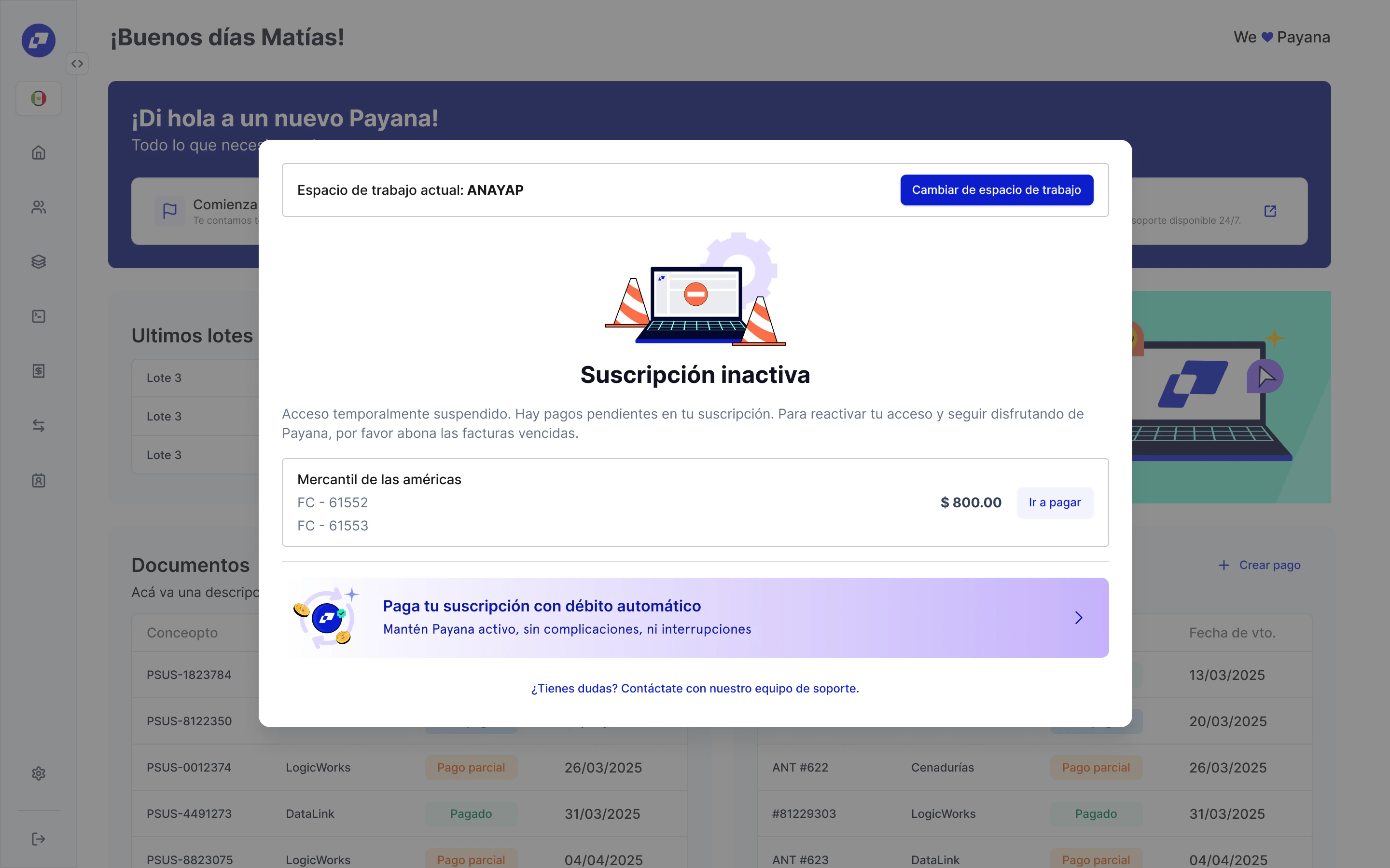 Modal de suscripción inactiva: facturas pendientes, monto a pagar y opción de débito automático