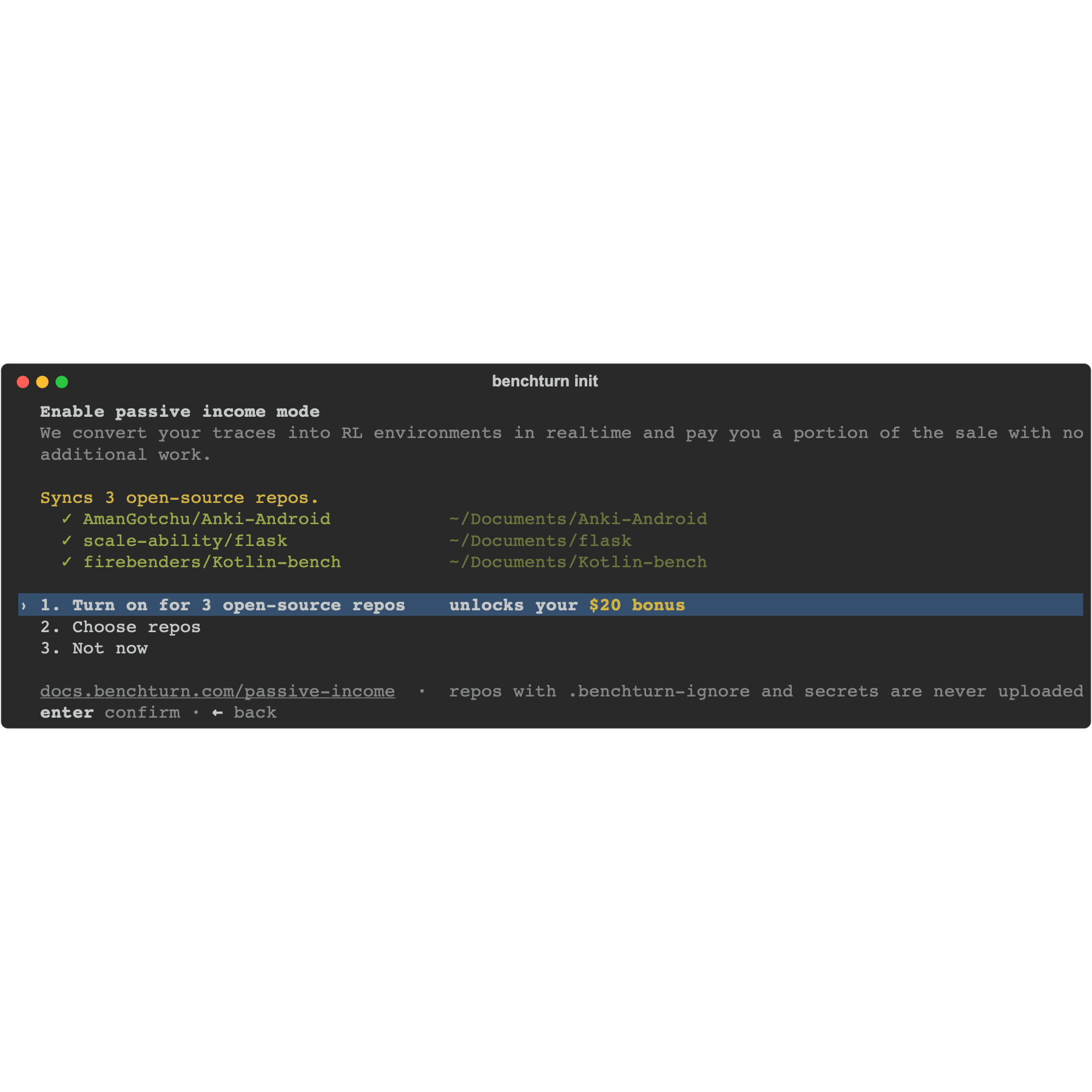 The passive-income screen: the public GitHub repositories found so far and the three choices