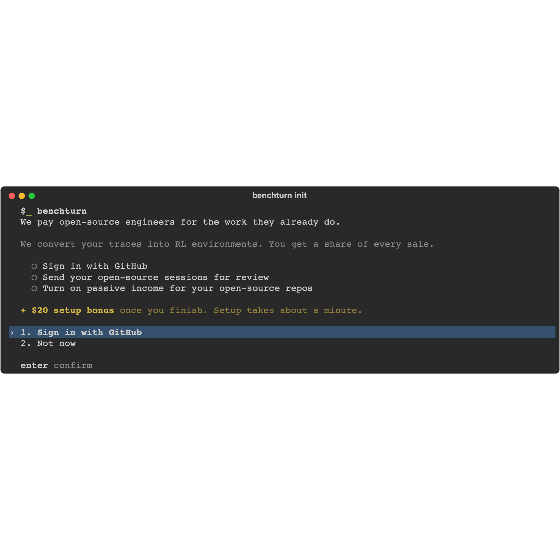 The sign-in screen: the three setup steps and the sign-in menu