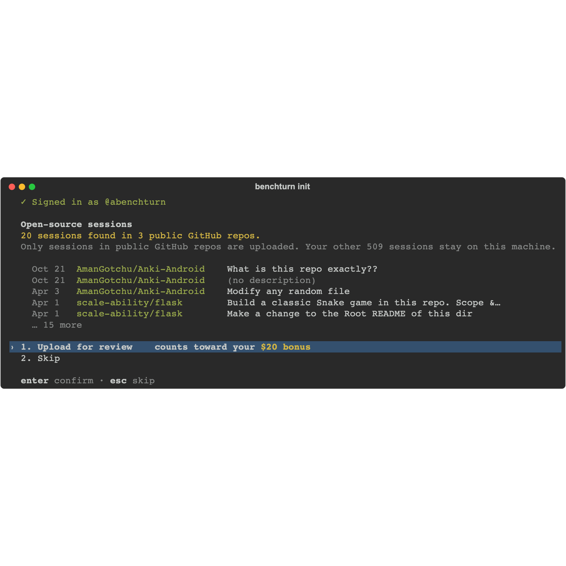 The upload screen: sessions found in public GitHub repositories, with Upload for review selected