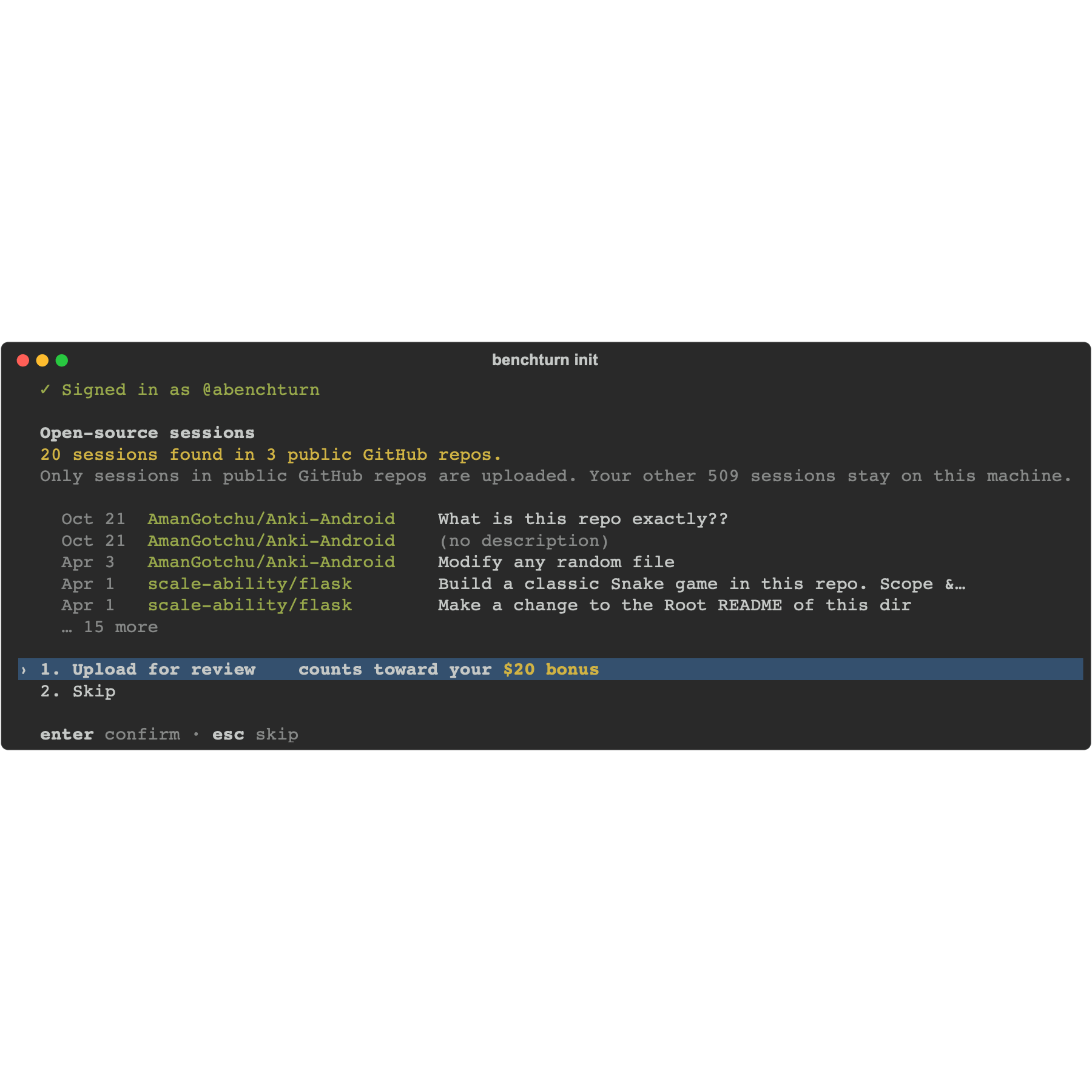 The upload screen: sessions found in public GitHub repositories, with Upload for review selected