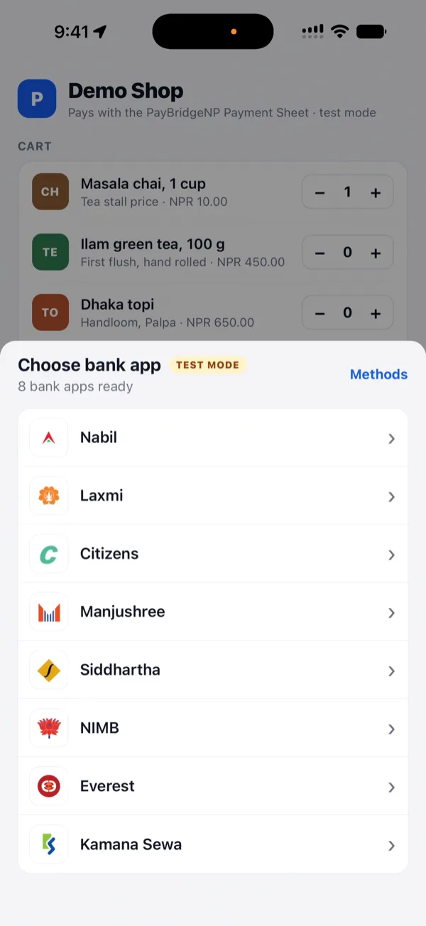 Choose bank app: the detected bank apps listed in the sheet