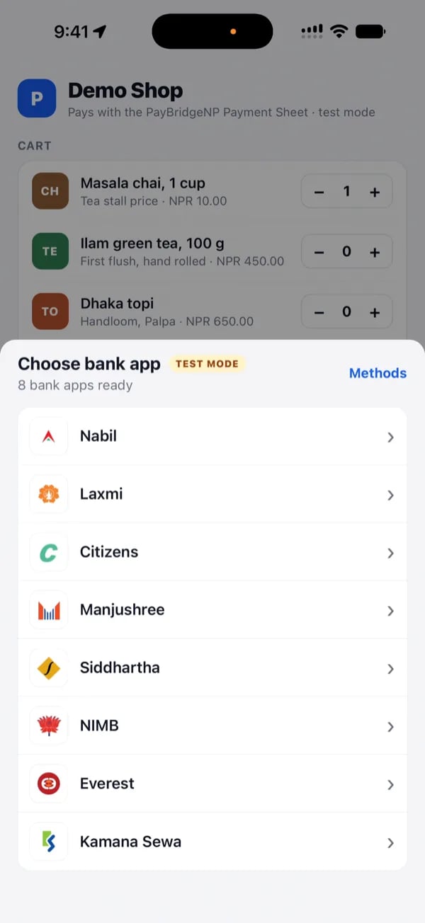 Choose bank app: the detected bank apps listed in the sheet