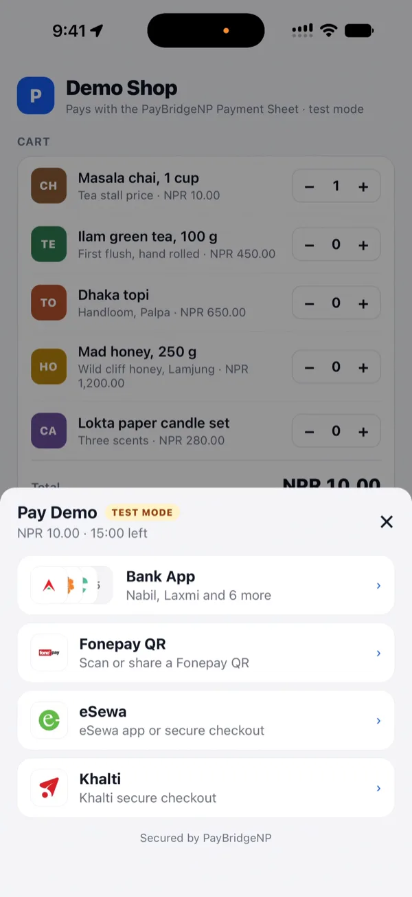 The payment sheet showing Bank App, Fonepay QR, eSewa and Khalti