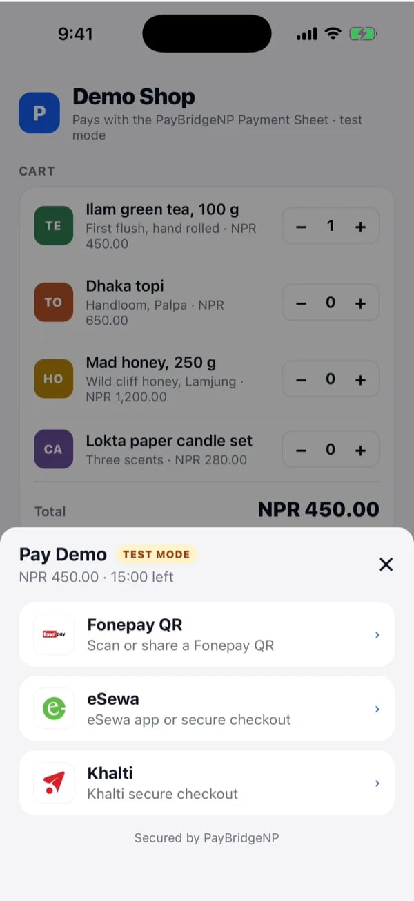 Mobile payment sheet showing Fonepay QR, eSewa, and Khalti