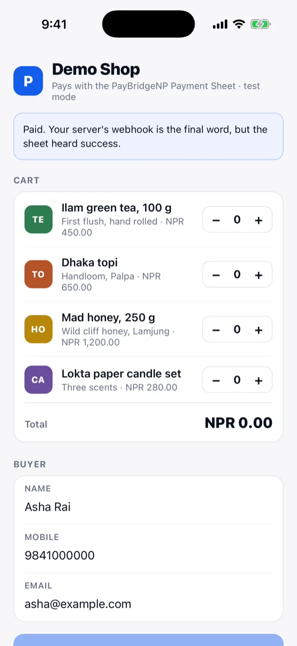 The demo shop showing the paid state after the sheet completed