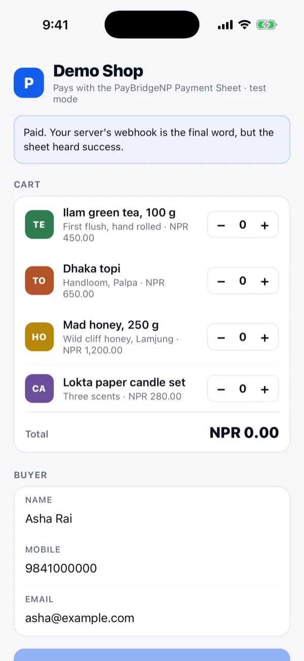 The demo shop showing the paid state after the sheet completed