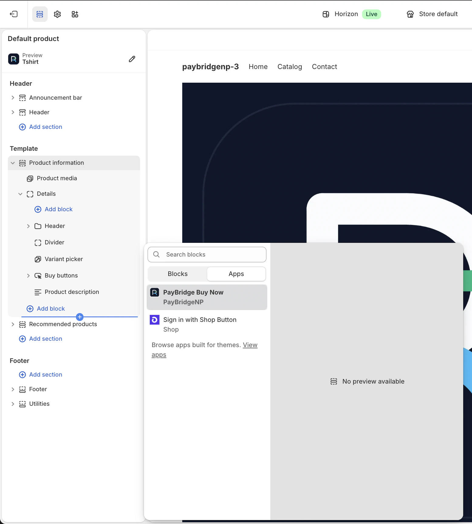 Adding the PayBridge Buy Now block from the Apps tab