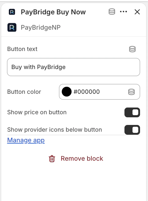 PayBridge Buy Now block settings panel showing button text, color, and toggle options