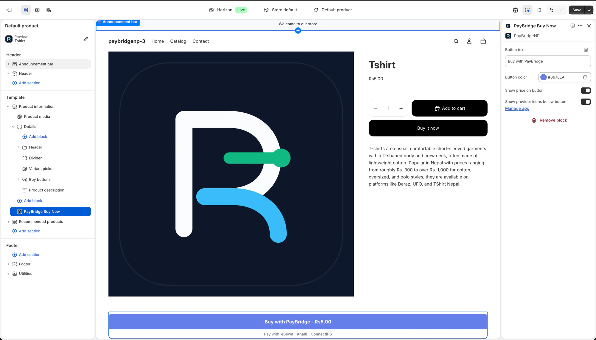 Buy with PayBridgeNP button on a Shopify product page