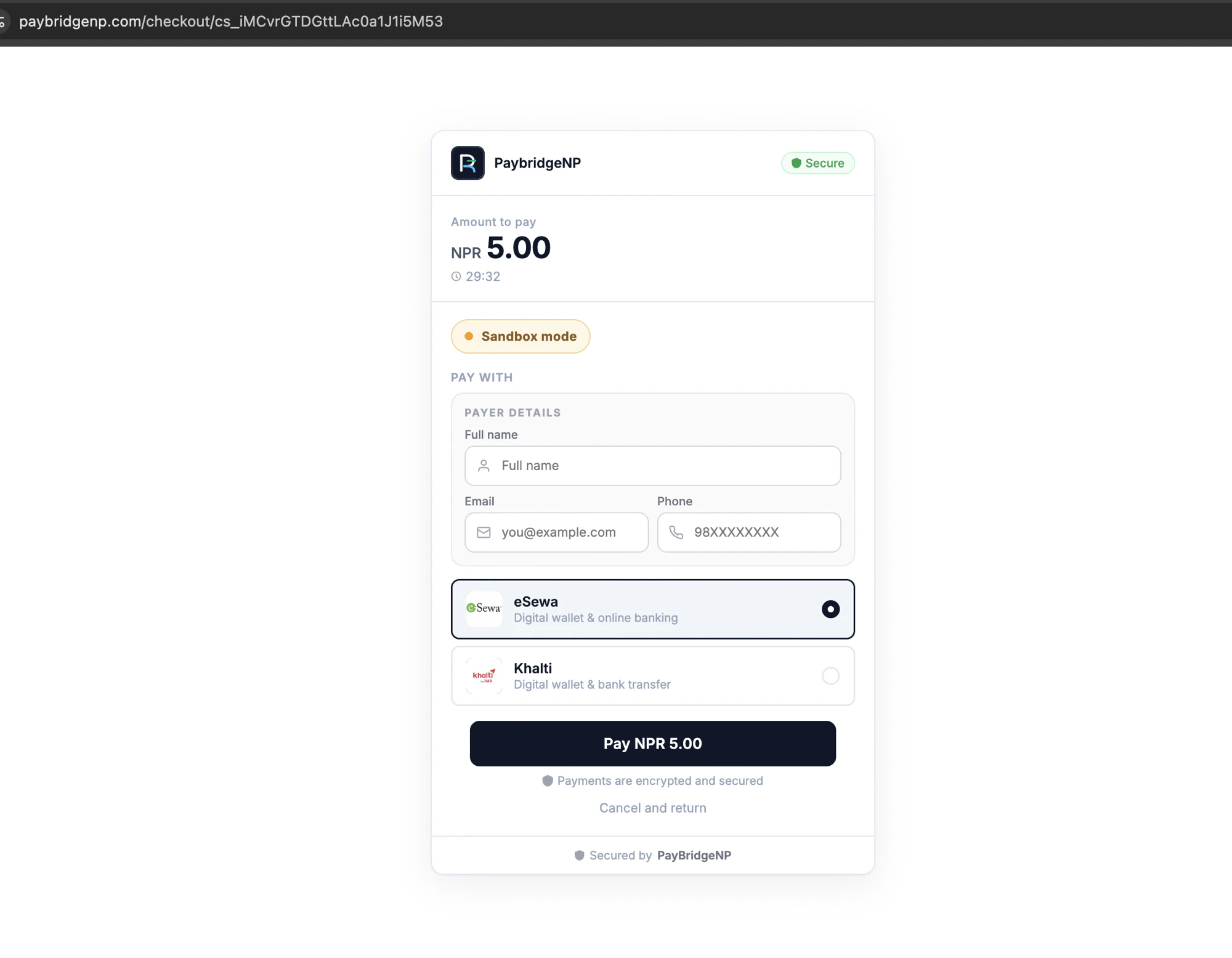 PayBridge hosted checkout page showing product name, amount, and payment providers