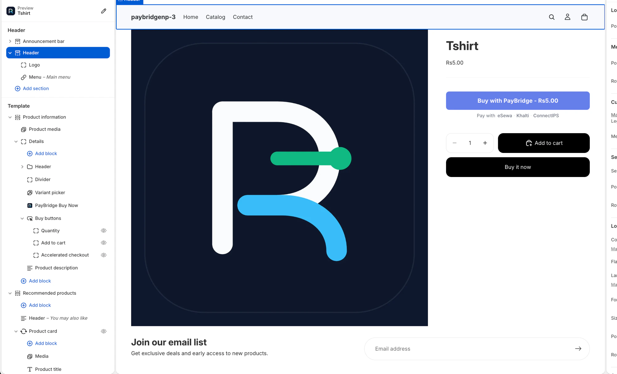 PayBridge Buy Now block positioned in the theme editor sidebar