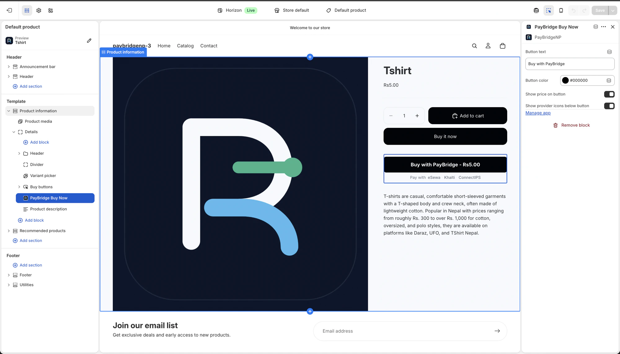 Full theme editor view showing the Buy with PayBridgeNP button on a Shopify product page