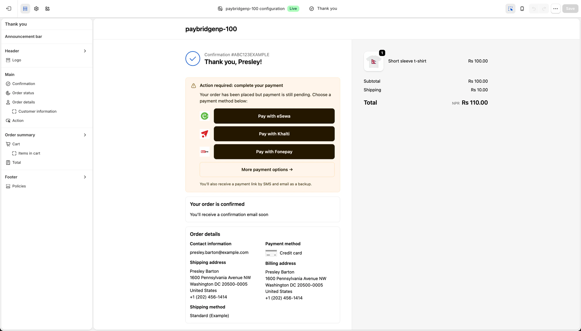 Shopify checkout editor on the Thank you page, with the PayBridgeNP redirect block rendering Pay with eSewa, Pay with Khalti, Pay with Fonepay (each with a provider logo), and a More payment options fallback link