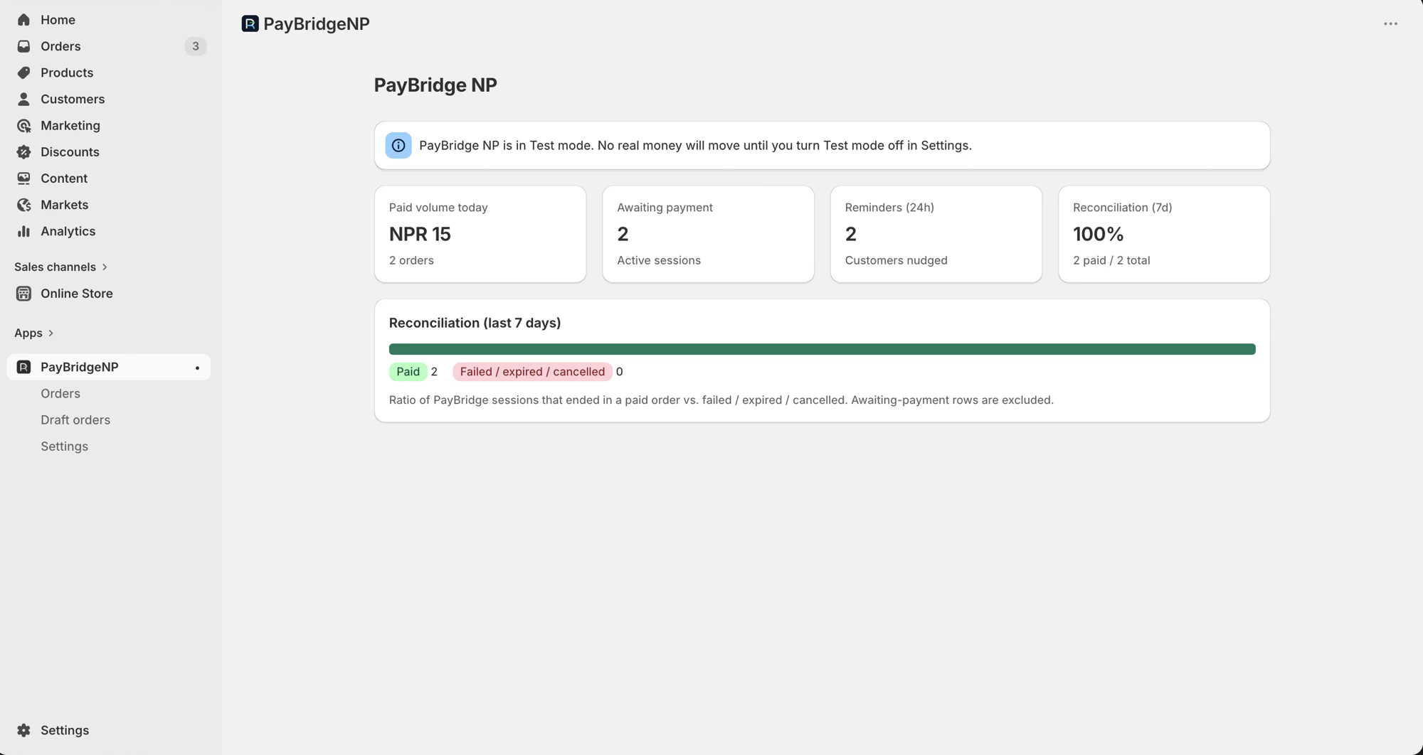 PayBridgeNP dashboard embedded in Shopify admin, showing paid volume today, awaiting payments, reminders sent in the last 24 hours, and reconciliation rate over 7 days
