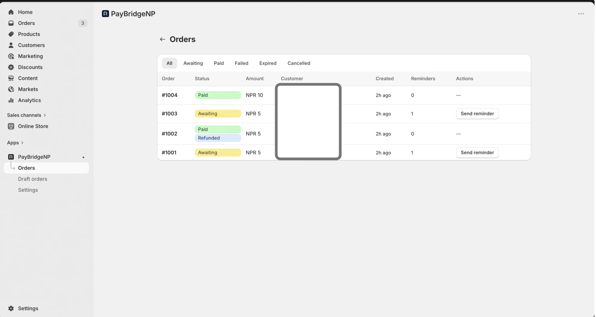 The embedded Orders page showing Shopify orders with their PayBridgeNP status (Awaiting, Paid, Refunded), filter tabs by status, reminder counts, and per-row Send reminder action buttons