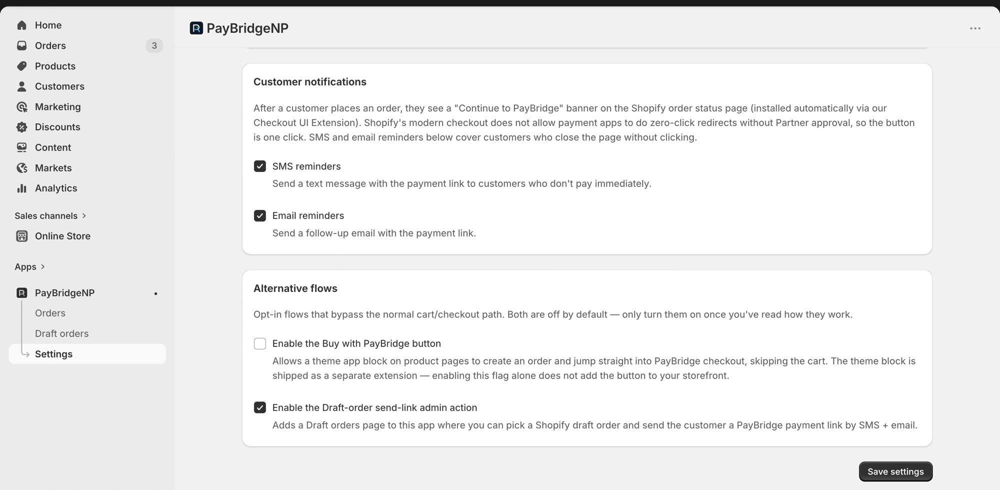 The lower half of the Settings page showing Customer notifications toggles for SMS and email reminders, and Alternative flows toggles for Buy with PayBridgeNP and the Draft order send-link action