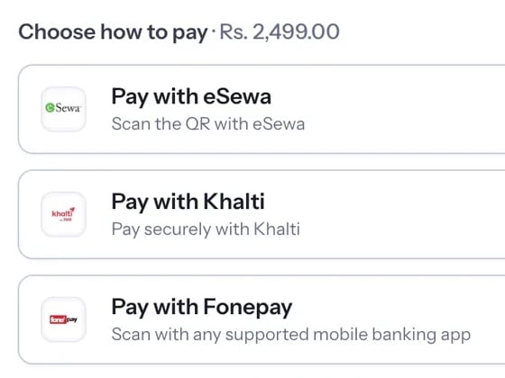 Hosted checkout: pay with eSewa, Khalti, or Fonepay