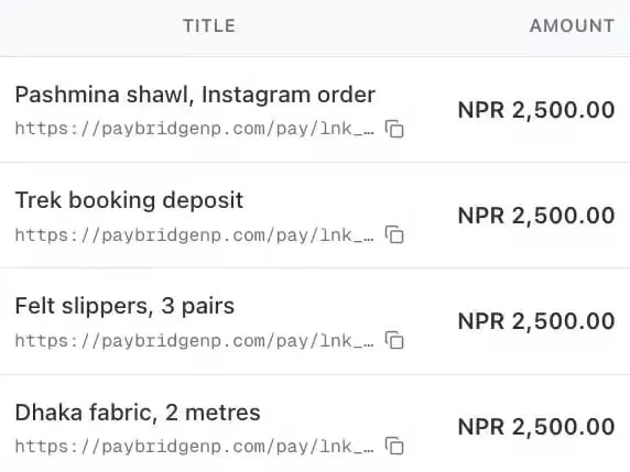 Payment links in the dashboard, each with its amount