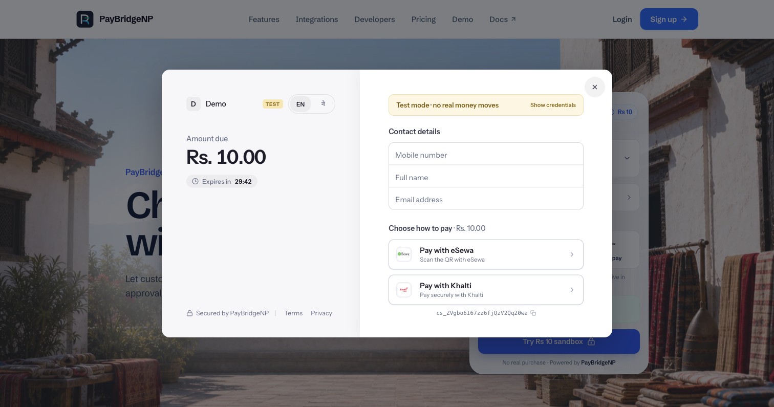 Embedded PayBridgeNP checkout open over a merchant product page