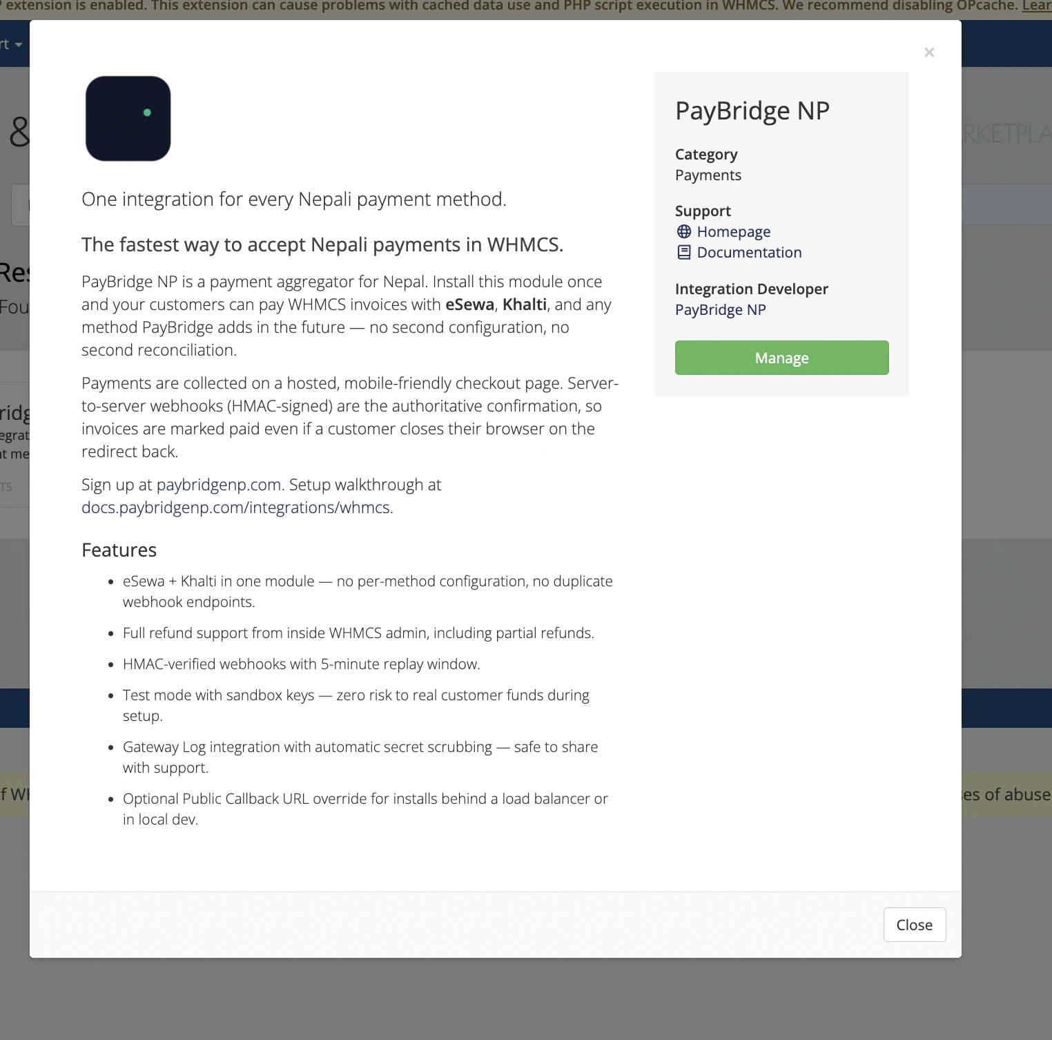 PayBridgeNP tile inside WHMCS Apps & Integrations
