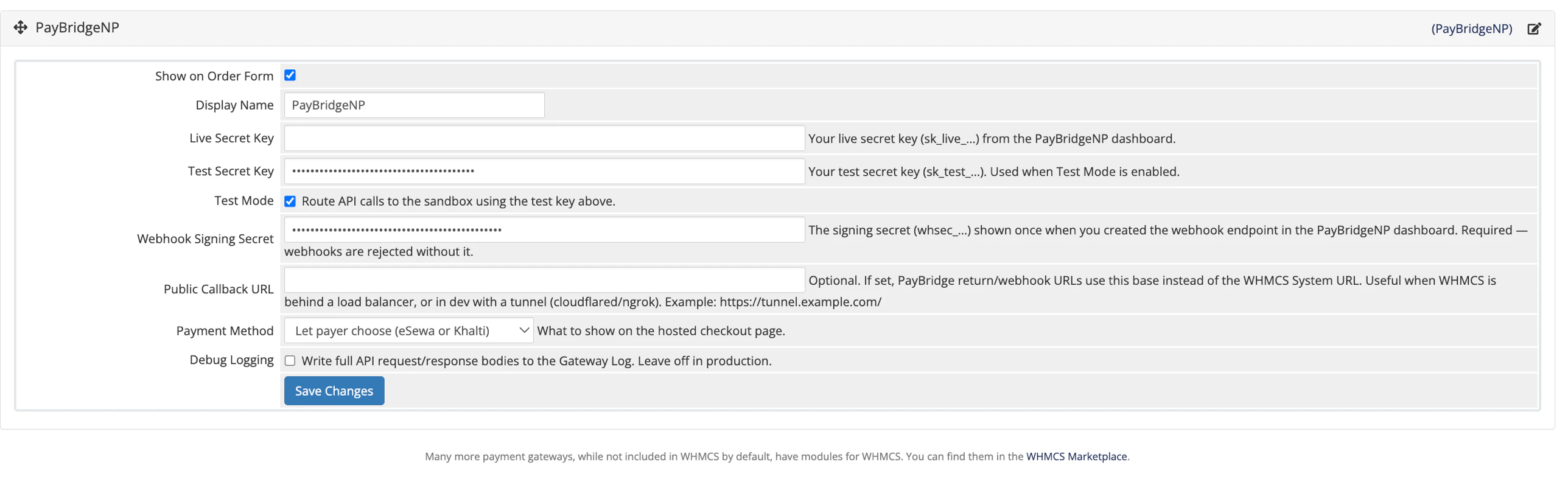 PayBridgeNP WHMCS gateway configuration form
