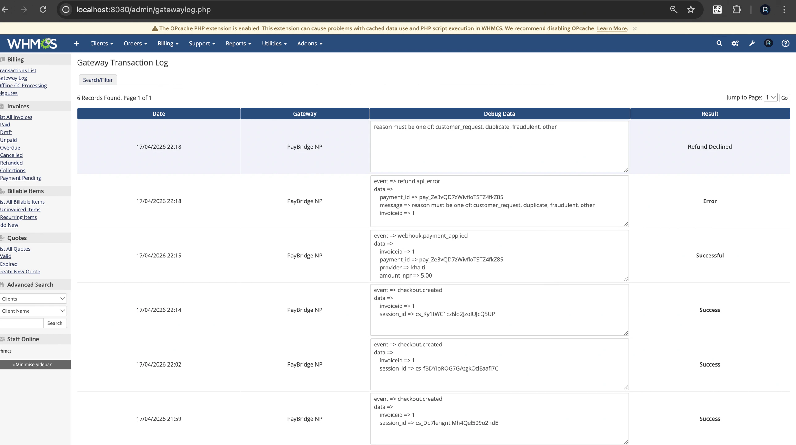 WHMCS Gateway Log showing PayBridgeNP events
