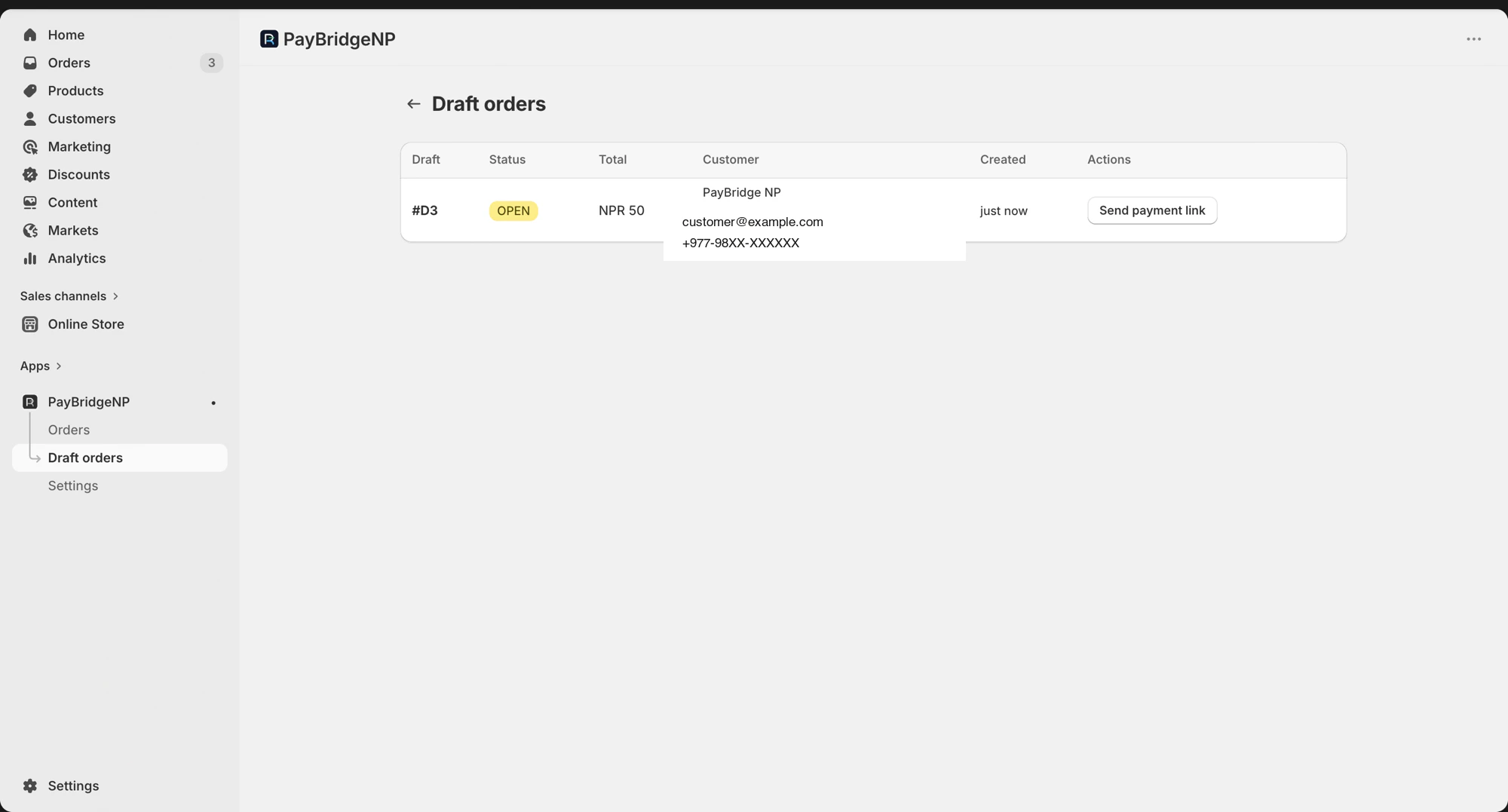 The Draft orders page in the embedded PayBridgeNP app showing an open Shopify draft order with customer details and a Send payment link action button