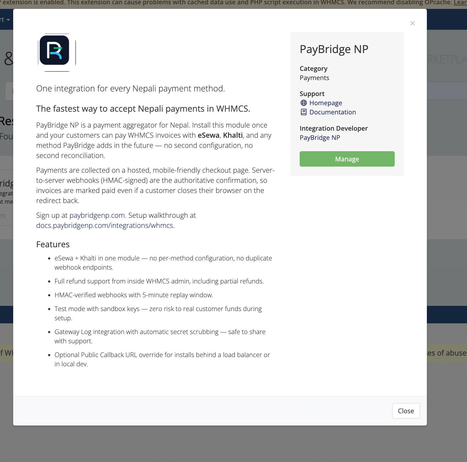 PayBridgeNP tile inside WHMCS Apps & Integrations