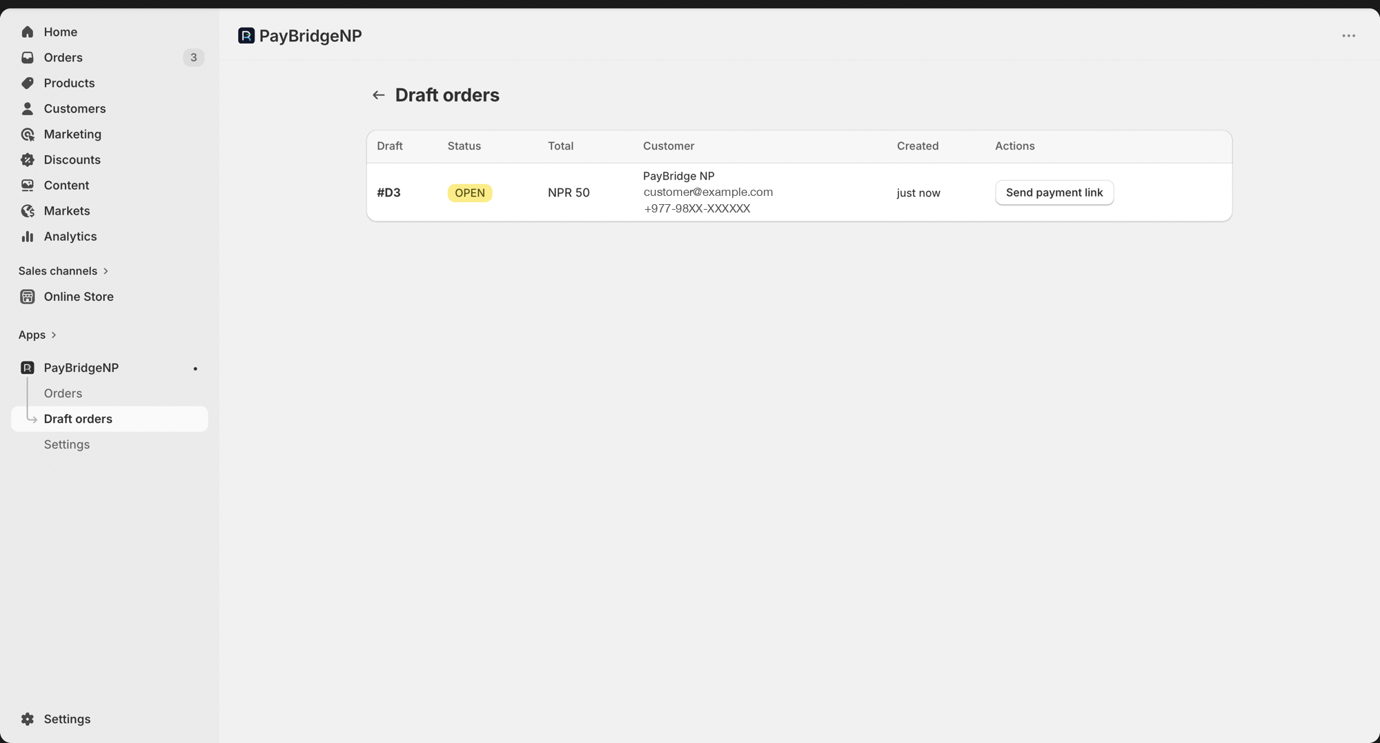 The Draft orders page in the embedded PayBridgeNP app showing an open Shopify draft order with customer details and a Send payment link action button