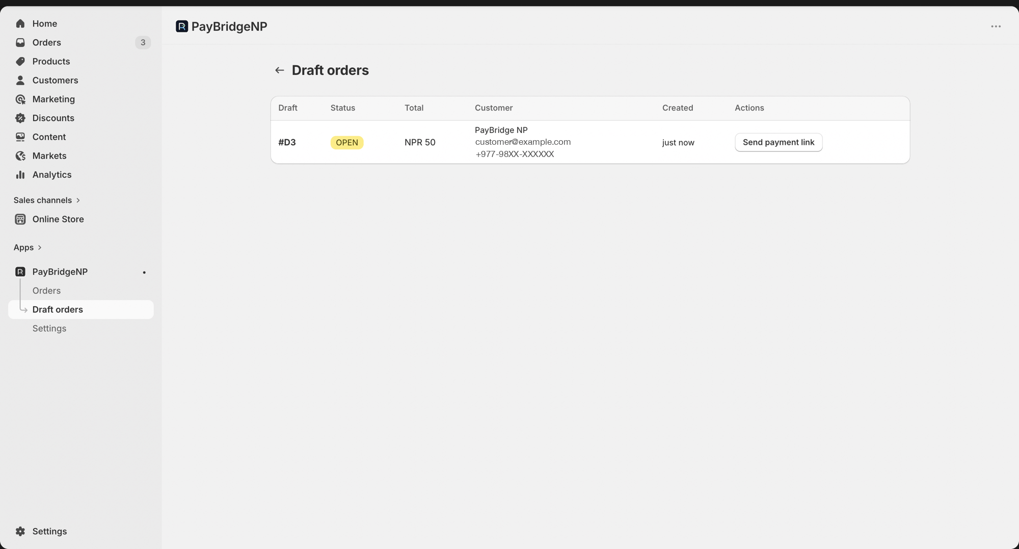 The Draft orders page in the embedded PayBridgeNP app showing an open Shopify draft order with customer details and a Send payment link action button
