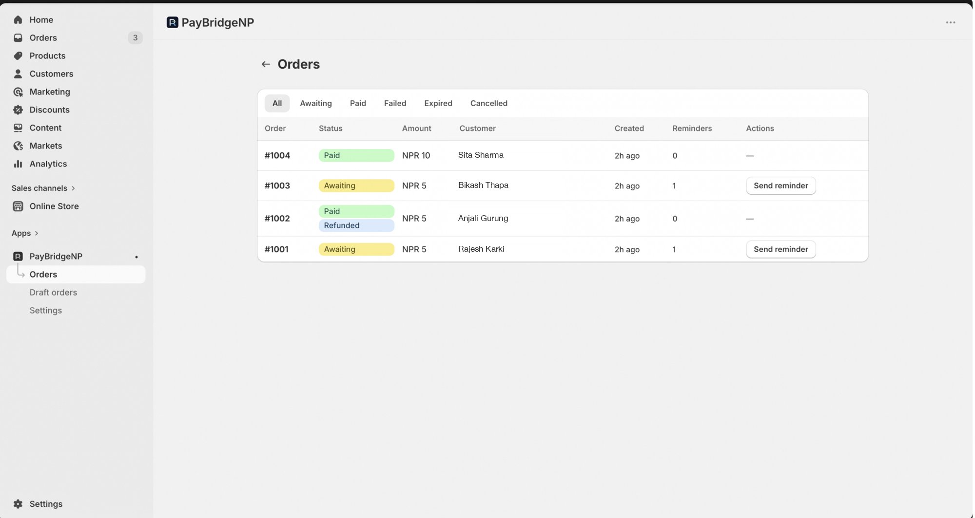 The embedded Orders page showing Shopify orders with their PayBridgeNP status (Awaiting, Paid, Refunded), filter tabs by status, reminder counts, and per-row Send reminder action buttons