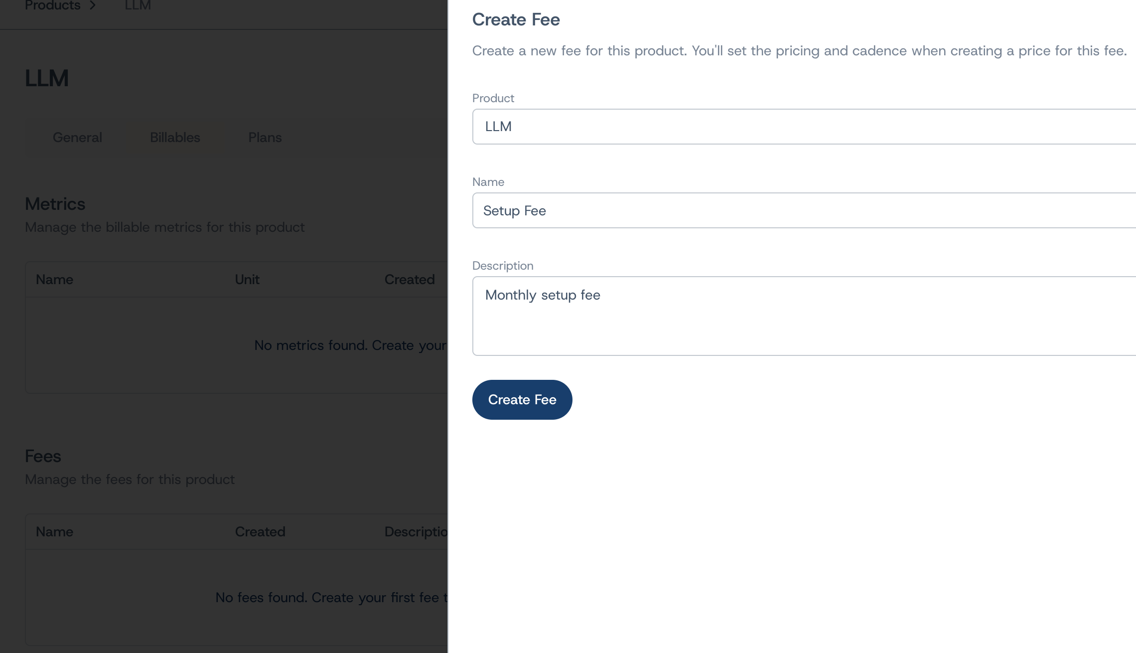 Fee creation form in the dashboard