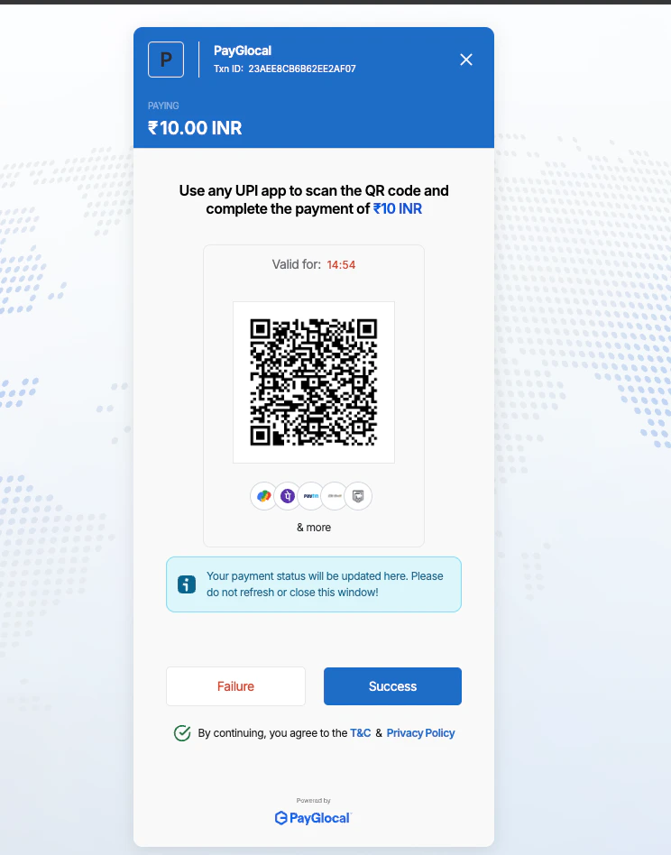 QR code displayed with timer and text to use any UPI app to complete payment