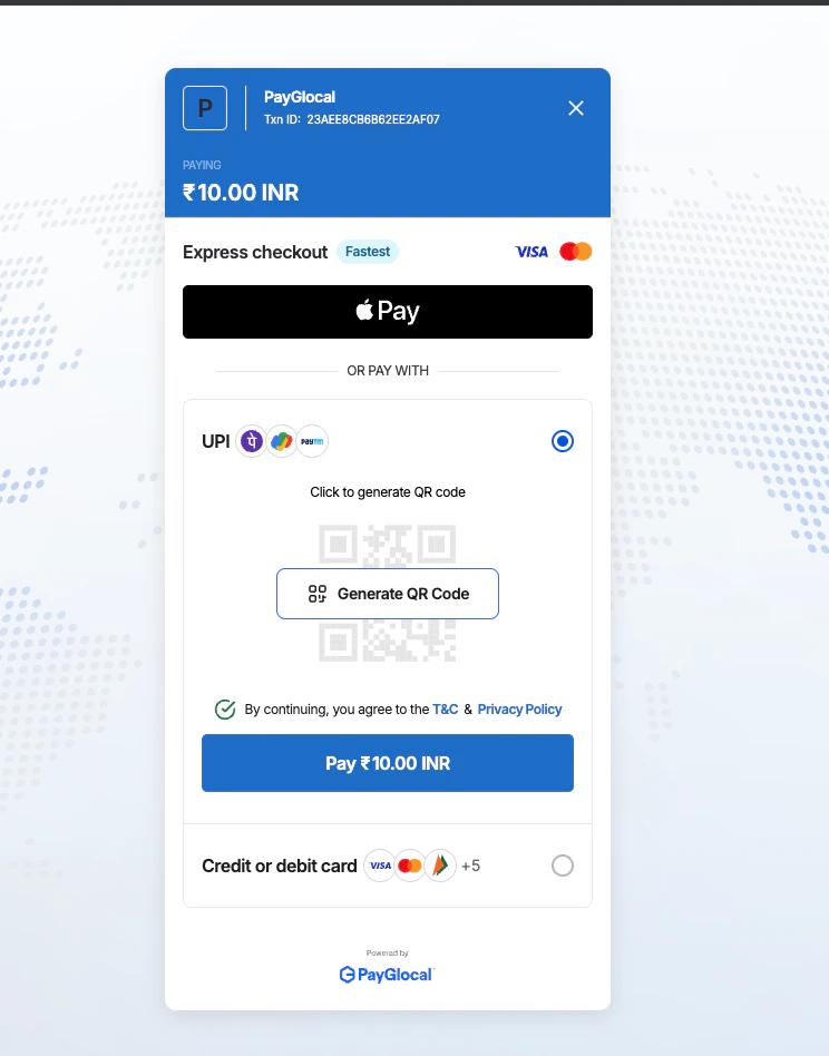 Hosted checkout with UPI selected; amount and transaction id in the blue header