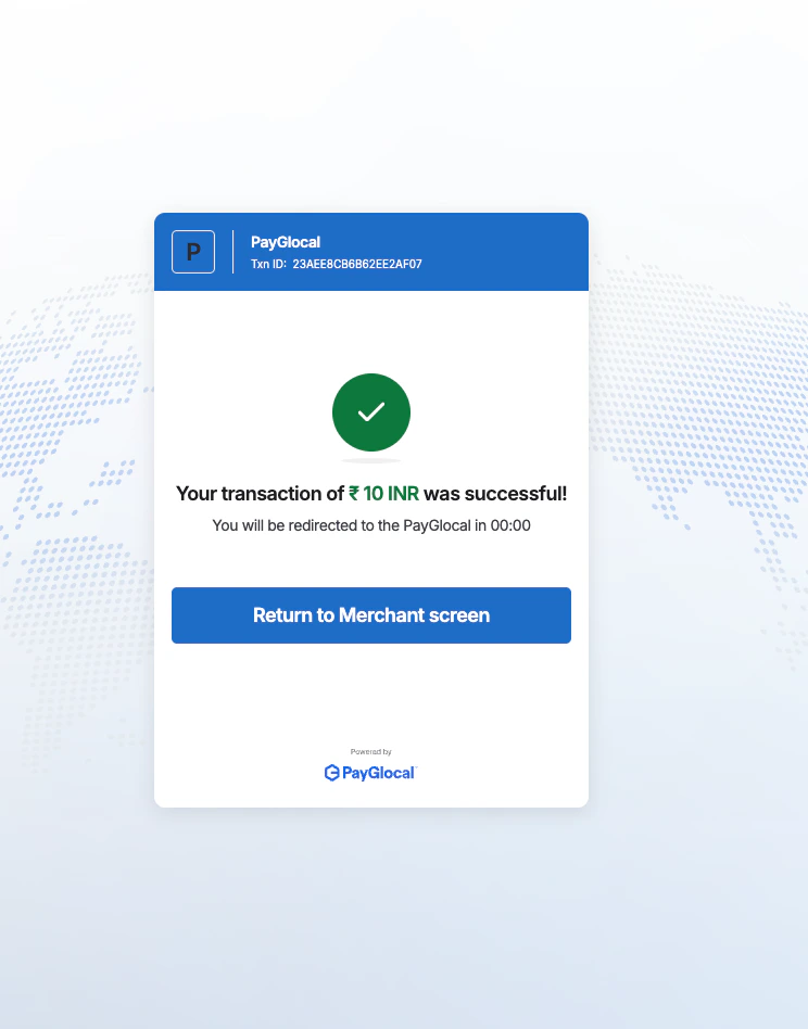 Success screen with green checkmark, amount, redirect countdown, and return to merchant