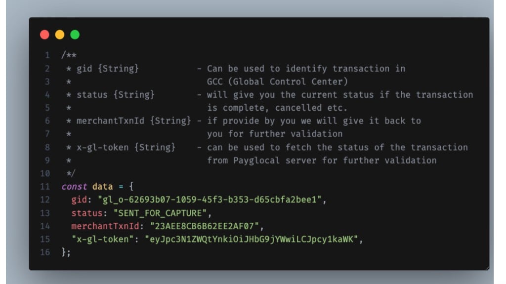 Callback data object with gid, status, merchantTxnId, x-gl-token