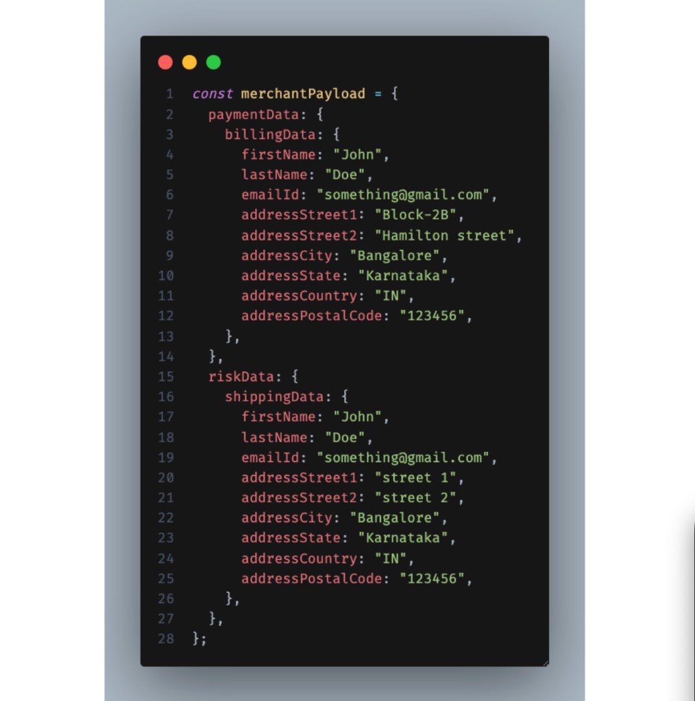 merchantPayload structure with billingData and shippingData