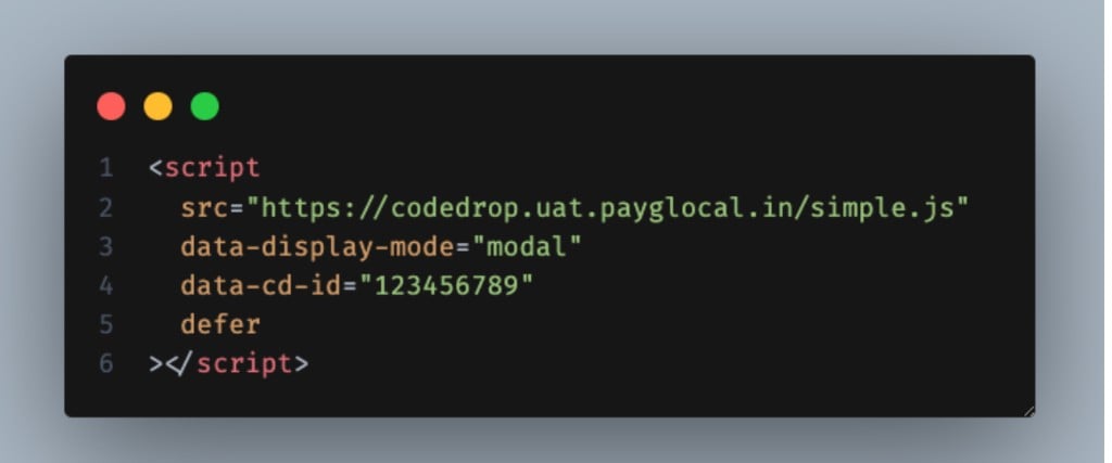 CodeDrop script tag example for modal mode
