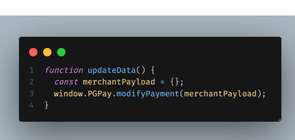 updateData function using window.PGPay.modifyPayment