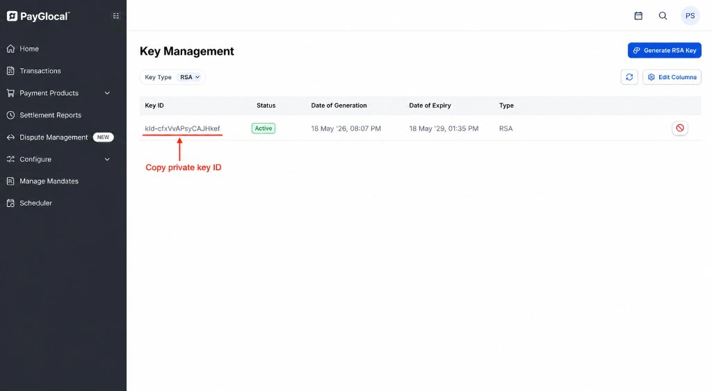 Private Key ID in the Key Management table
