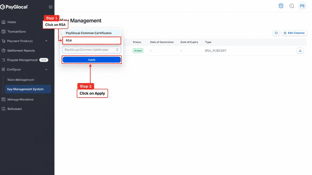 Select RSA from the dropdown