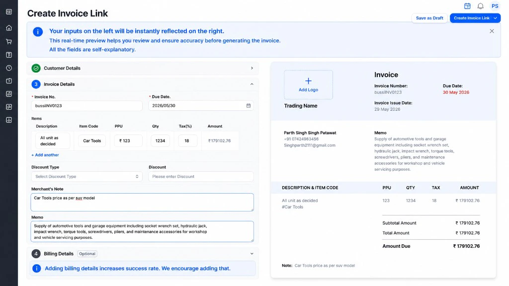 Invoice details with live preview