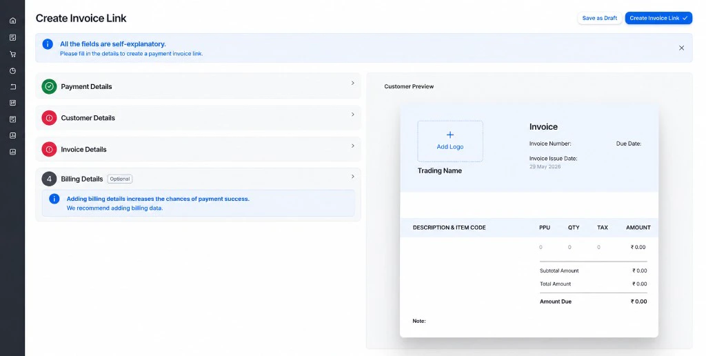 Create Invoice Link form with live preview