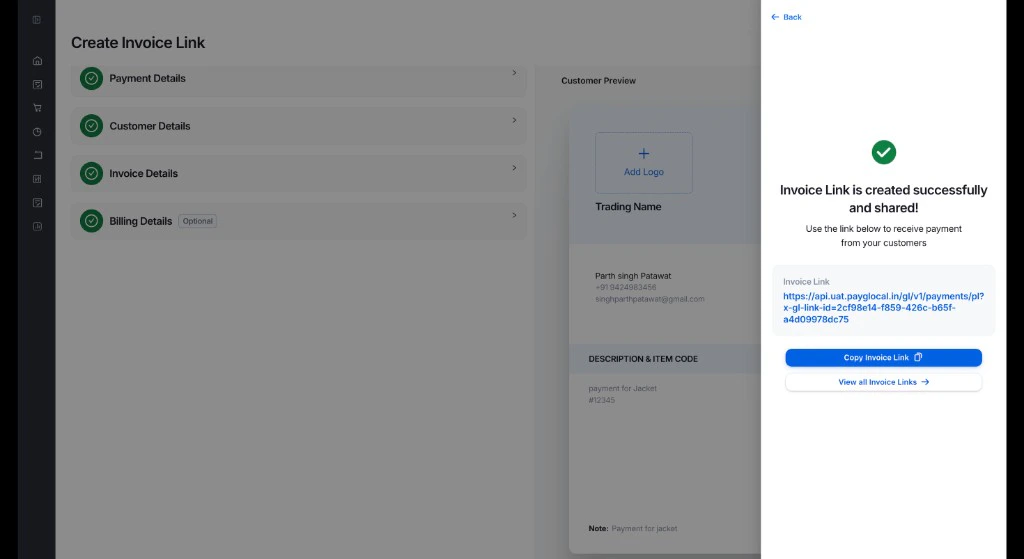 Invoice Link Created Successfully
