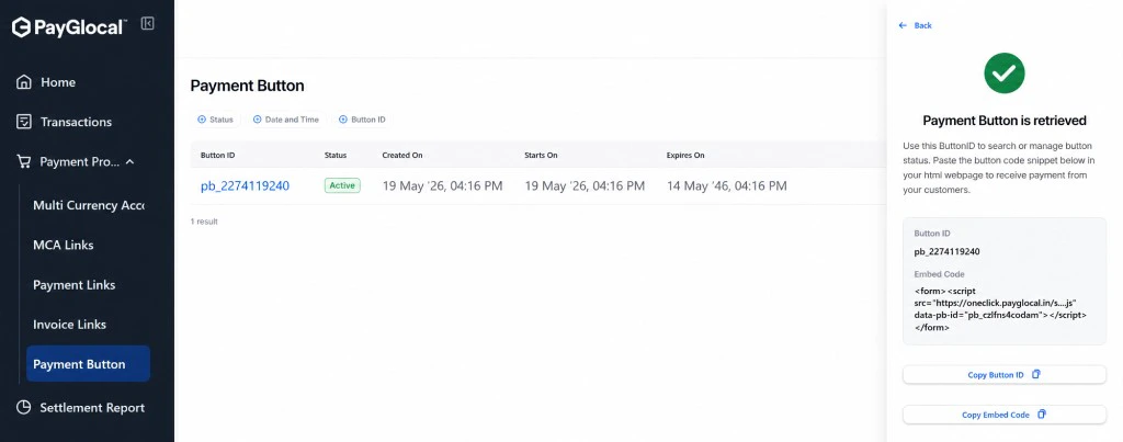 Payment Button retrieved with Button ID and embed code